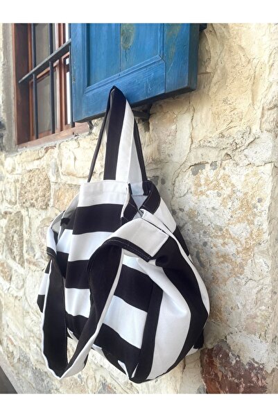 LUNAFEL Τσάντα χειρός και τσάντα ώμου με τρεις λαβές μαύρη ριγέ υφασμάτινη τσάντα - μεσαίου μεγέθους