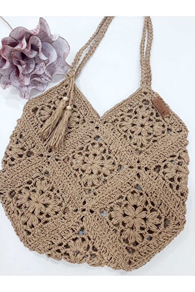 zümal tekstil tasarım Hand Knitted Paper Thread Women's Shoulder Bag with Design Motif (Color Straw)