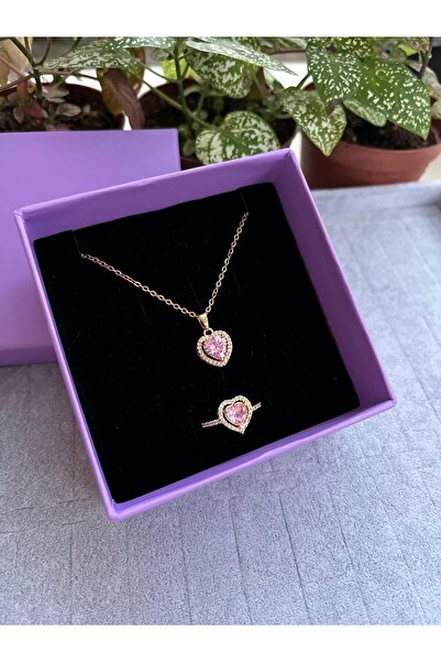 Sepetten Eve Çelik Gold Kalpli Taşlı Kolye Kalpli Pandora,s Yüzük Takım