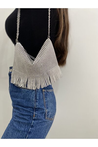 SmY Bag Gri Parıltılı Püsküllü Mini Çanta Tasarım Taşlı Çanta