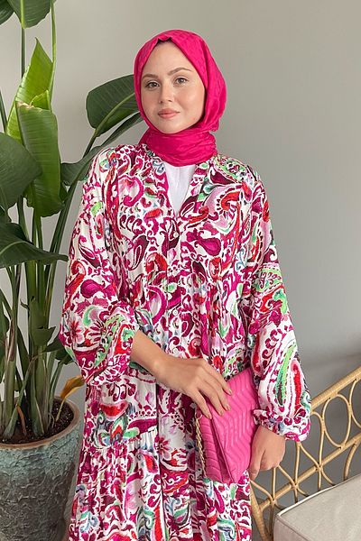 InStyle Fuchsia Viscose Dress - Colorful Shawl Pattern
