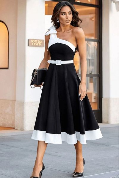 ALFUDO Moda Collection Black and White Flared Midi - Stripe and Bow Detailed Women's Evening Dress with Belt