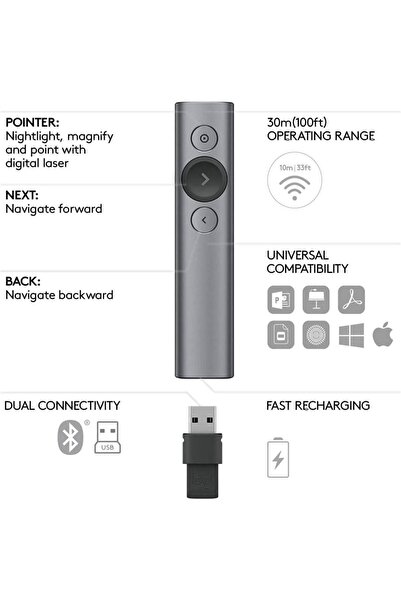 logitech Spotlight Presenter Sunum Kumandası, Gümüş 910-004861