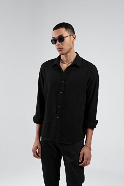 Manche Siyah Ayaklı Yaka Müslin Erkek Gömlek