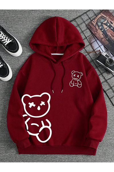 aynewmoda Бордо суитшърт с качулка и щампа на плюшено мече