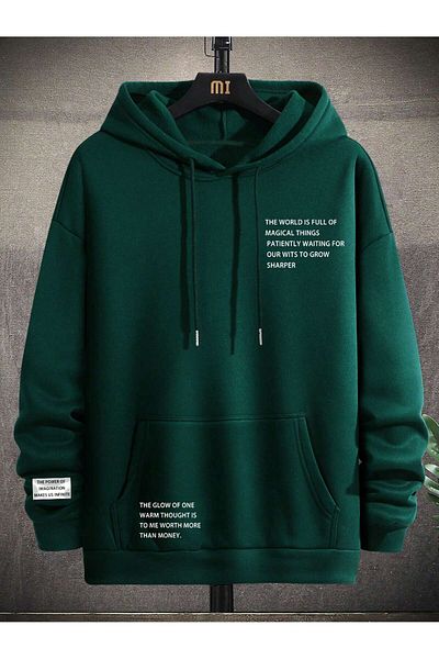 PENTHİLUS Khaki English Motivational Hooded Oversize Sweatshirt