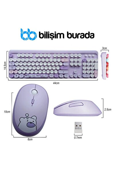 Mofii Sevimli Ayıcık Desenli Kablosuz Klavye & Mouse Set - Türkçe, Renkli ve Yuvarlak Tuşlar !