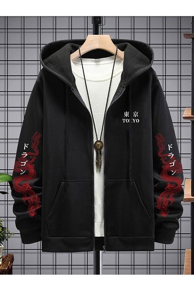 aynewmoda Black2 - суитшърт с качулка и качулка с принт на японски текст и дракон