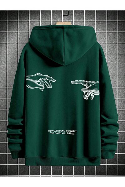 aynewmoda Φούτερ με κουκούλα Χακί Oversize - Δύο Χέρια στάμπα, Φερμουάρ