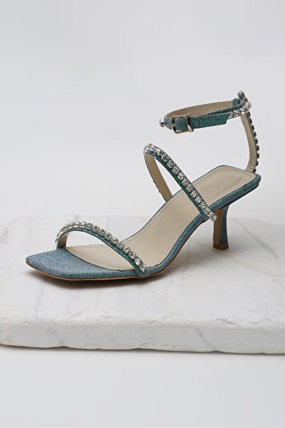 Mio Gusto Crystal Genuine Leather Green Color Women's Heeled Evening Dress Sandals Shoes