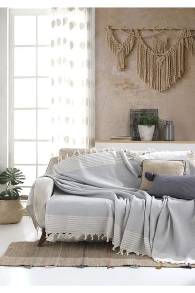 Lux Touch Bergama Gray Cotton Throw - 170x210 cm Seat Cover and Shawl Sofa Sofa Bed Cover