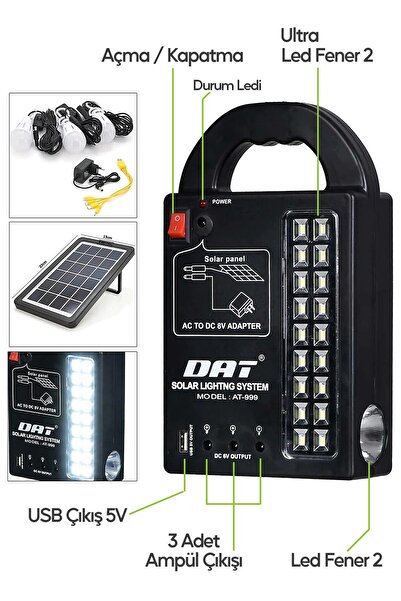 SULED Solar Aydınlatma Seti 3 Lambalı 22 Amper Lithium Bataryalı USB Power Bank Led Işıldak Fener