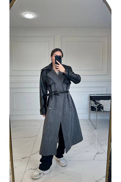 My Blog Anthrazitfarbener, mit Leder überzogener langer Mantel mit Gürtel-54474