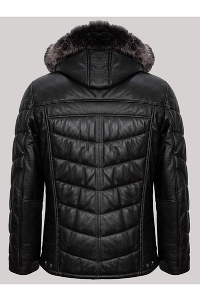 Derimont's Genuine Leather Collar with Fur Black Straight Line Detail Four Pocket Puffer Men's Leather Coat