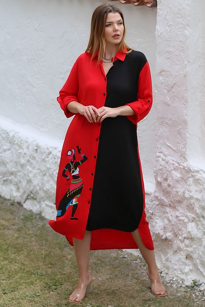 Chiccy Black-Red Shirt Collar Embroidered Woven Dress - 3/4 Cufflinks