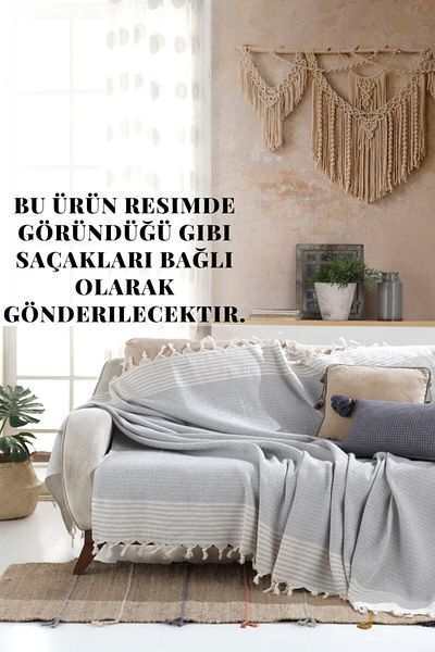 Lux Touch Bergama Gray Cotton Throw - 170x210 cm Seat Cover and Shawl Sofa Sofa Bed Cover