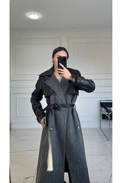 My Blog Anthrazitfarbener, mit Leder überzogener langer Mantel mit Gürtel-54474