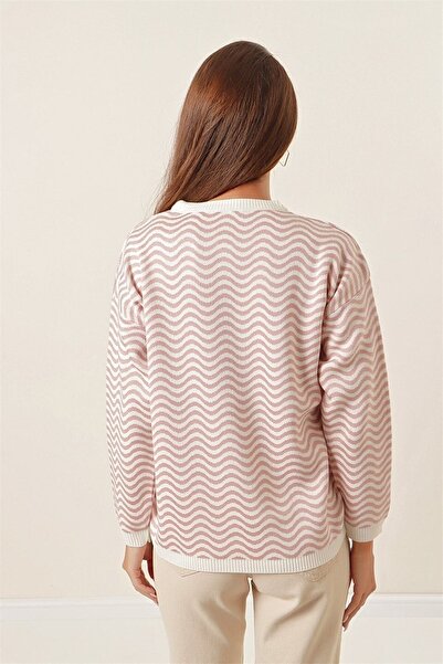 AQE FASHION طاقم الرقبة موجة منقوشة ساكس سترة بيضاء