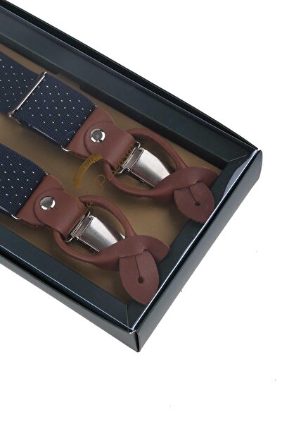 Kravatkolik Navy Blue Jacquard Leather Trouser Strap - Button Detail, Connected PAN189