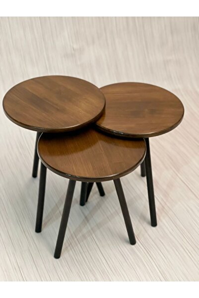 Ada legno ahşap dizayn Semplice Noce Serisi 3'lü Yuvarlak Ahşap Zigon Sehpa