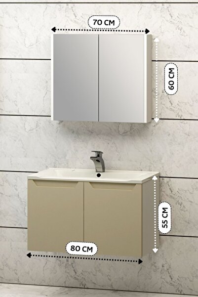 Fly Mobilya Maletta 80 Cm Aynalı Banyo Dolabı Takımı, Seramik Lavabolu Alt Ve...