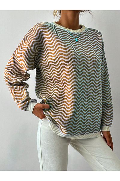 AQE FASHION Пуловер с кръгло деколте и вълнообразен трикотаж, цвят CAMEL