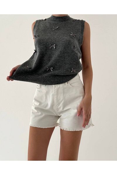 My Blog Anthracite Sleeveless Mini Sweater - Ribbon Detail