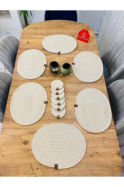 JÜTEX HOME Set de 12 farfurii ovale din răchită din iută și suport pentru pahare