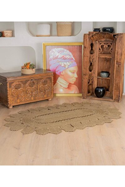 jüt hasır el örgüsü halı kilim yıkanabilir çift taraflı oval