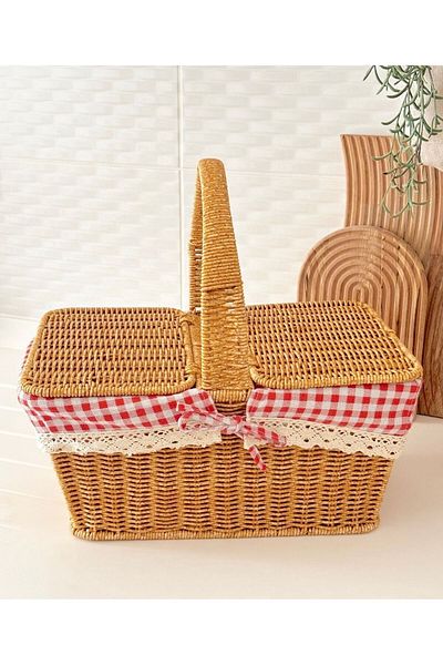 Kitchen Pembelia سلة نزهة مستطيلة من الخوص مع غطاء من الخيزران