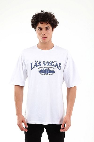 Mad&Calf Unisex Oversize Λευκό μπλουζάκι με στάμπα Las Vegas