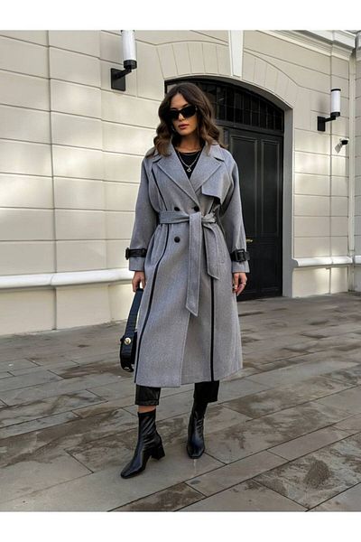 My Blog Dark Gray Leather Stripe Belted Herringbone Long Coat-43886