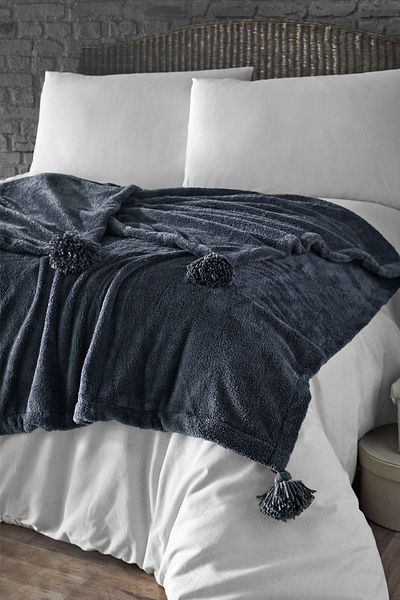 Denizli Concept Anthracite Tassel Puffy Wellsoft Blanket - Soft Tv & Bed - 160X200Cm