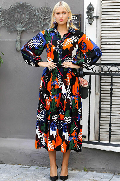 Chiccy Γυναικείο μαύρο φόρεμα με στρογγυλή λαιμόκοψη φλοράλ με κουμπιά oversize casual υφασμένο βισκόζη