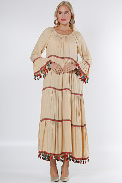 Chiccy Beige U-Neck Oversize Woven Dress with Tassels on Sleeves and Hem