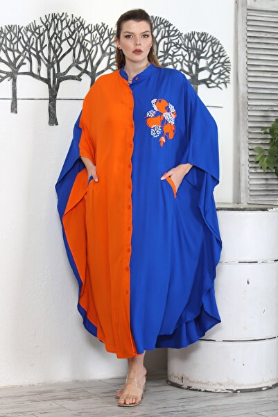 Chiccy Помаранчево-синя вишивка Oversize ткане плаття - Hakim комір, 3/4 рукав, Fleto кишеня
