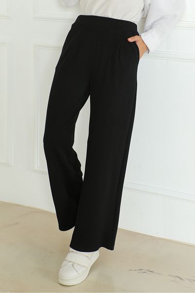 Bestenur Black Pocketed Wide Leg Trousers 1197