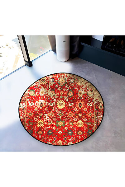 Rugs Modern Halı Red Themed Traditional Motif Patterned Round Woven Base Vint...