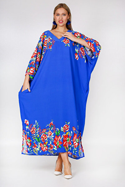 Chiccy Синя сорочка з V-подібним вирізом, 3/4 рукавами, кишенями та цифровим принтом, широкого крою, ткана сукня