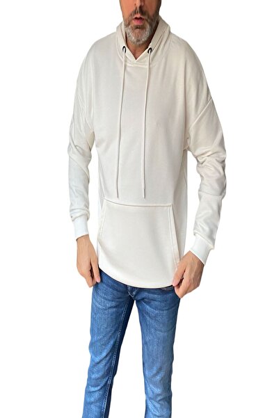 Over Up Ekru Basic Oversize 3 Iplik Kanguru Cep Kapüşonlu Sweatshirt