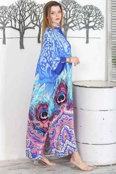 Chiccy Μπλε γιακάς δικαστή 3/4 μανικετόκουμπα με σχισμή Allover εμπριμέ casual υφαντό φόρεμα