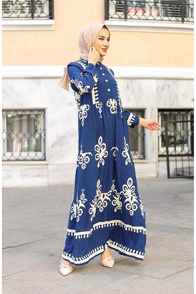 sefamerve Navy Blue Tile Patterned Dress - 4100-05