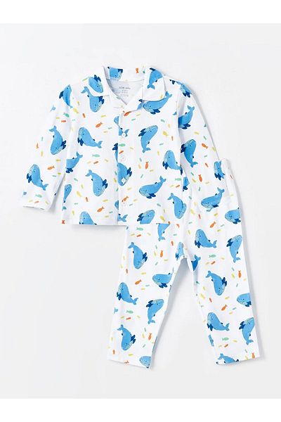 LC Waikiki Lcw Baby Polo Collar Printed Long Sleeve Pajamas Set for Baby Boy