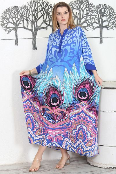 Chiccy Rochie de țesătură casual cu imprimeu, cu mâneci 3/4, cu guler lupă albastru, cu fantă cu nasturi