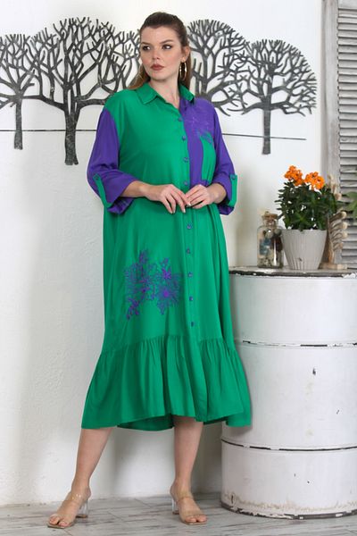 Chiccy Green-Purple Shirt Collar Buttoned Long Sleeve Skirt Frill Embroidered Casual Woven Dress