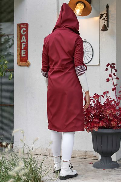 Chiccy Trench de damă bordeaux cu glugă cu mânecă lungă, căptușită cu buzunar midi adunat, supradimensionat, țesut casual