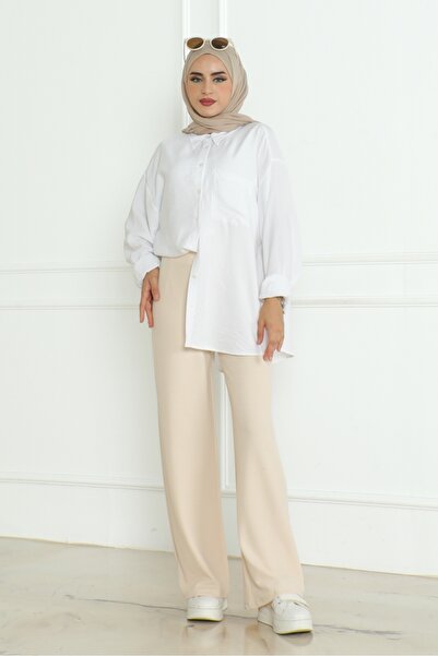 Bestenur Beige Asler Wide Leg Trousers 1198