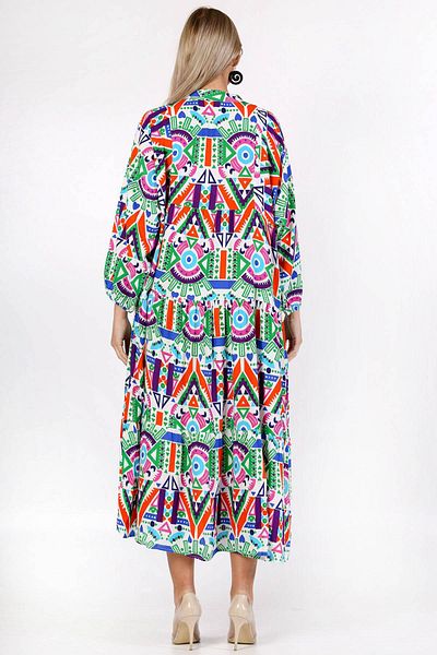 Chiccy Orange-white Pleated Collar Balloon Sleeve Geometric Patterned Allover Printed Wide Cut Woven Dress
