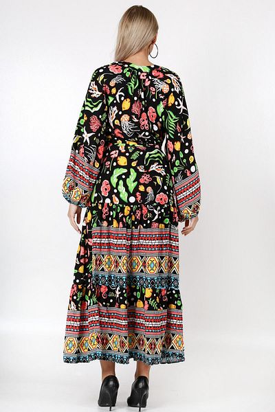Chiccy Rochie neagră cu guler în carouri, mânecă cu balon, cu model, cu centură, imprimată, cu croiala largă