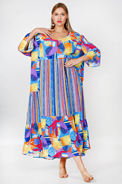 Chiccy Blue Round Neck 3/4 Sleeve Patterned Allover Printed Wide Cut Woven Dress